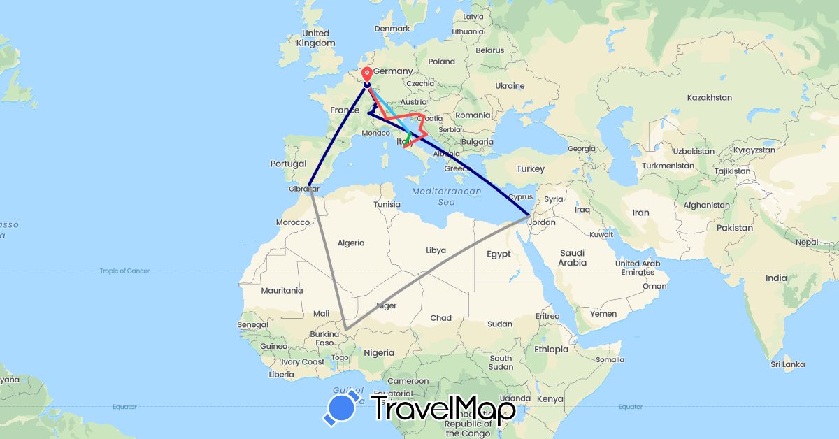 TravelMap itinerary: driving, bus, plane, hiking, boat in Belgium, Switzerland, Spain, France, Croatia, Israel, Italy, Niger, Slovenia (Africa, Asia, Europe)